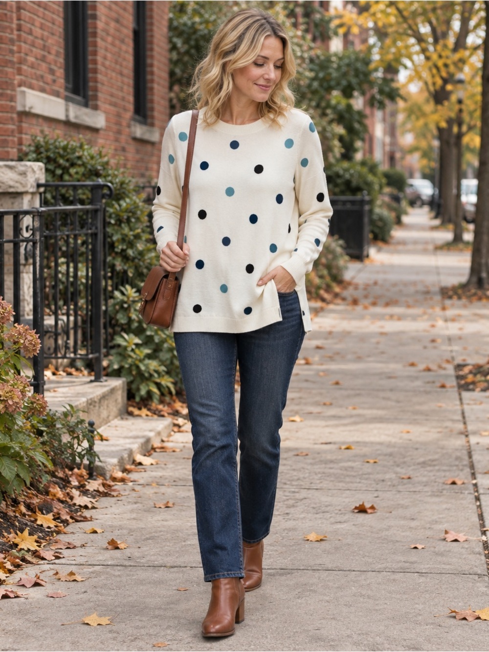 Talbots Polka Dot Sweater Size X (14/16W) Cream Long Sleeve Knit | Classic Chic